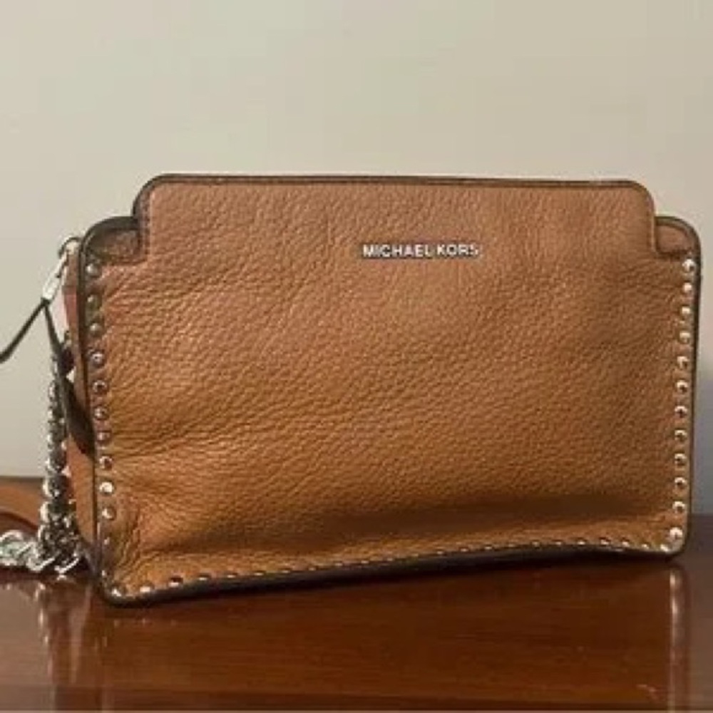 Michael Kors Brown Pebble Leather Studded Wristlet Clutch